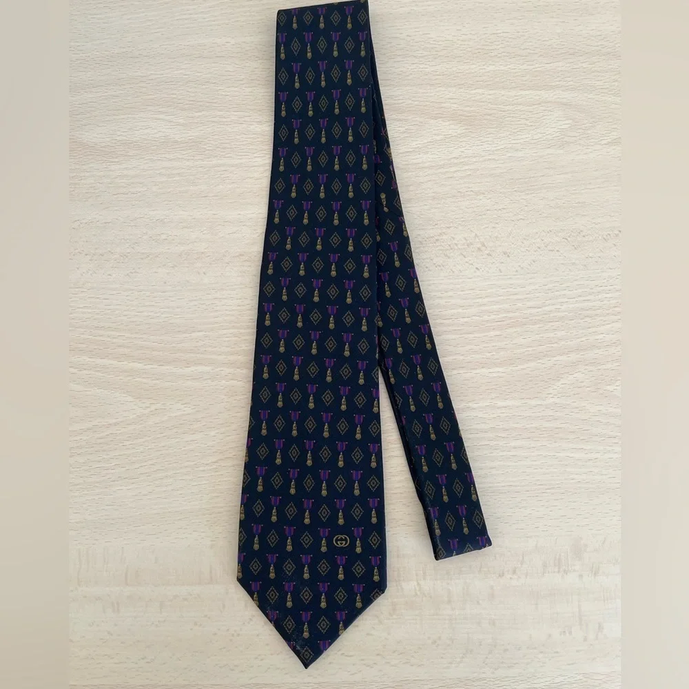 Gucci Black Silk Tie Gold Tassels,Fuschia Pink and blue Pattern Vintage BNWOT